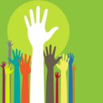 11196388 - background illustration with raised hands and copy space on green